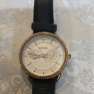 Fossil Women's Black Strap Gold Bezel Watch Needs New Band